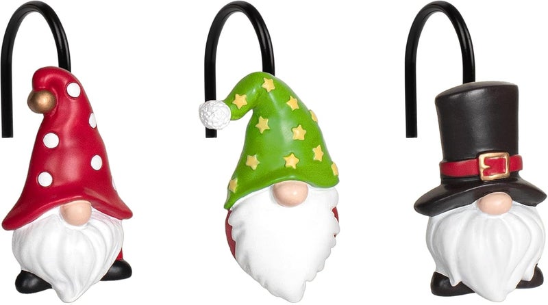 Sunlit Christmas Shower Curtain Hooks, Gnome Shower Curtain Rings with Black Hooks, Hand Painted Resin Christmas Decor, Winter Bathroom Decoration, Black Green Red with Polka, Set of 12 - Image 1